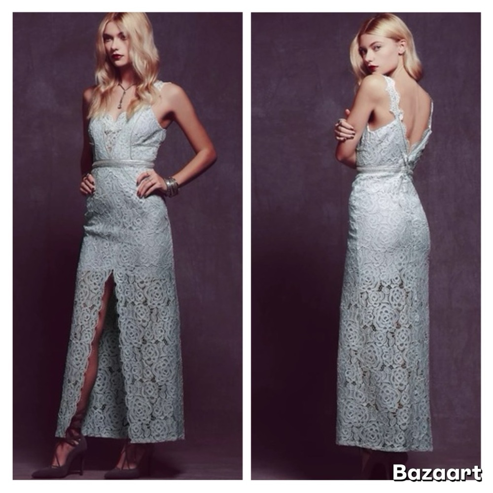 Free People Lace Column Eyelash Slit Front Leather Trim Mint Maxi Dress​​​​​​​